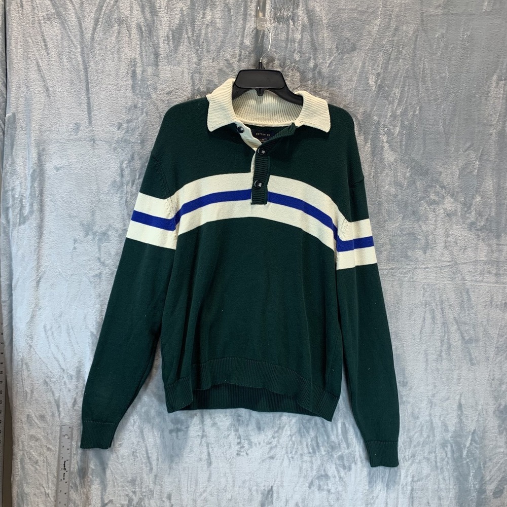 Cotton On Mens Rugby Knit Sweater L Deep Emerald Green Collar Henley 100% Cotton